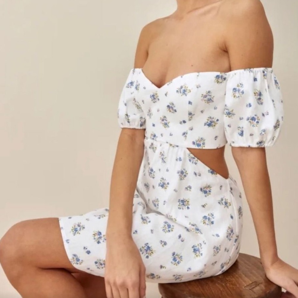 Reformation Emilia Linen Dress in Blaire White Floral Print Cut Out Sz 10 NWT - Picture 3 of 3